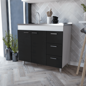 Utility Sink Kisco, Three Drawers, Double Door, White / Black Wengue Finish